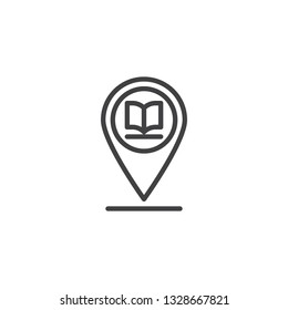 Library placeholder line icon. linear style sign for mobile concept and web design. Map marker with book outline vector icon. Symbol, logo illustration. Pixel perfect vector graphics