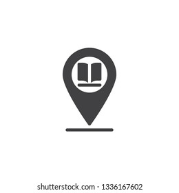 Library placeholder vector icon. filled flat sign for mobile concept and web design. Map marker with book glyph icon. Symbol, logo illustration. Pixel perfect vector graphics