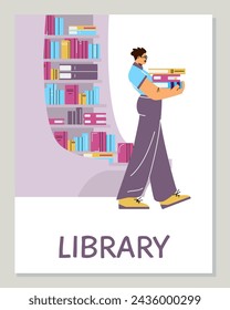 Library poster. Vector illustration of a person carrying books with a bookshelf background