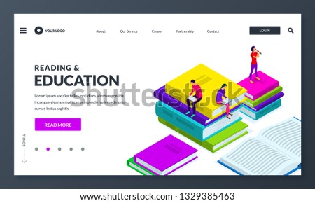 Library and reading books modern concept. Colorful people sitting on large books and read. Vector isometric illustration for landing page, banner or poster design. Education and e-book concept.
