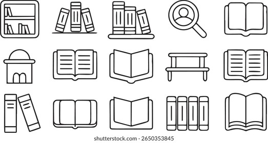 Library and Reading Icons, bookshelf, open book, library building, editable stroke line vector set