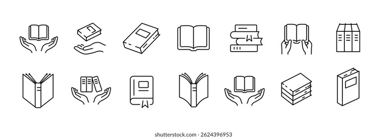 Library and reading icons set: 15 linear designs of books and book-related symbols