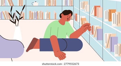 Library reading learning person choosing book modern interior pastel colors bookshelf plants flat design home study concept