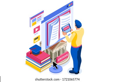 Library reading page for study. Reading dictionary on library, university encyclopedia. Libraries web page, internet archive of books history culture book on internet. Flat cartoon vector illustration