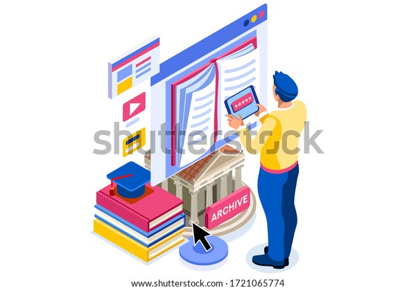 Library reading page for study. Reading dictionary on library, university encyclopedia. Libraries web page, internet archive of books history culture book on internet. Flat cartoon vector illustration