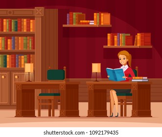 Library reading room interior flat orthogonal composition with young lady customer at table and bookshelves vector illustration  