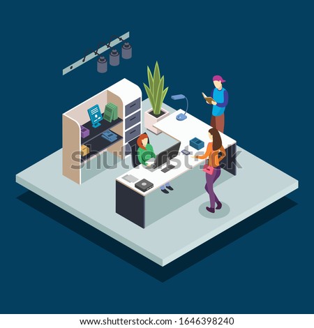 Library reception isometric color vector illustration. Librarian at desk. Bookstore administrator. Students reading and studying in public book library 3d concept isolated on blue background