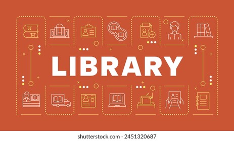 Library red word concept. Managing systems, workflow organization. Access cards, security. Horizontal vector image. Headline text surrounded by editable outline icons. Hubot Sans font used