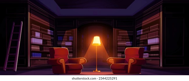 Library room with book interior cartoon background. Old librarian bookshelf wall in college university or at night with cozy armchair and lamp light to read in public hall. Literature in university