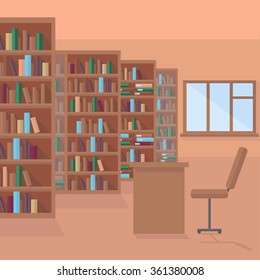 Library room,  book shelf background, row of books in bookstore vector. Studying literature 