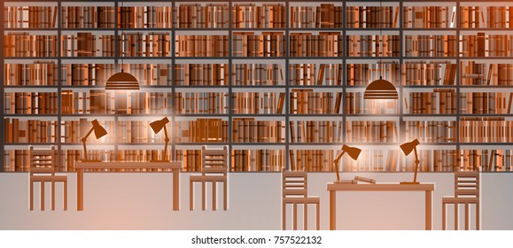 Library room with books,tables,lamps,flat vector illustration