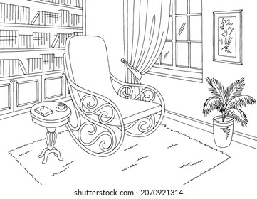 Library room graphic black white interior sketch illustration vector 