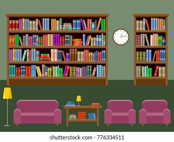 Library room. Interior. Books. Vector illustration