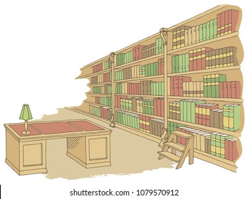 Library room interior color graphic sketch illustration vector