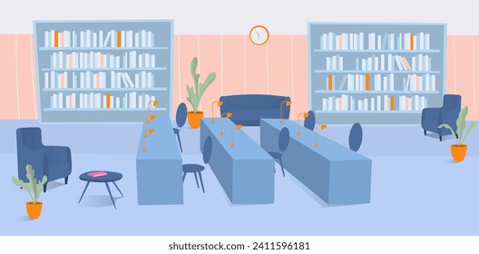 Library room interior, literature book at shelf, vector illustration. University or school education bookcase for study design. Table furniture row for reading flat knowledge in textbook.