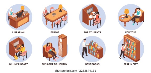 Library round set with best books symbols isometric isolated vector illustration