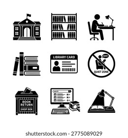 Library scene featuring a student studying at a desk with books, library card, and quiet zone sign