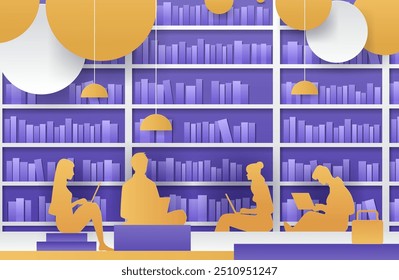 Cena da biblioteca com pessoas lendo e trabalhando. Figuras de silhueta de pessoas com laptops e livros em um ambiente moderno da biblioteca com estantes roxas e lâmpadas suspensas amarelas. Estilo de corte de papel