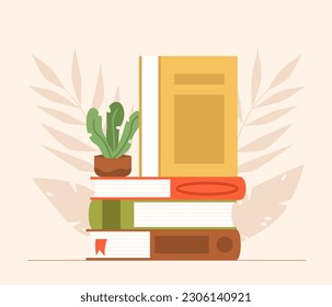 Library, school and education concept. Books pile and plant in pot. Self study, learning and teaching, reading book vector graphic art