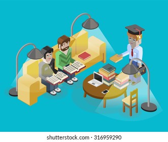 Library, school and student life, reading room, learning, reading, illustration in vector isometric