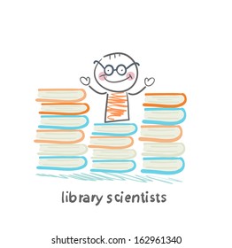 Library scientists stands near a lot of books