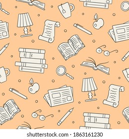 Library seamless pattern. Paper books, newspaper, glasses, magnifier in doodle style. Hand drawn vector illustration.