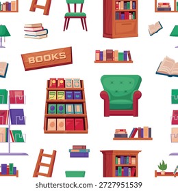 Padrão contínuo da biblioteca. Prateleira de madeira com livros, pilhas de livros e caderno aberto. Cadeira acolhedora, abajur, escada. Modelo decorativo imprimível, plano de fundo vetorial