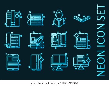 Library set icons. Blue glowing neon style.