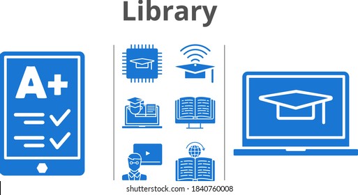conjunto de bibliotecas. incluido ereader, chip, profesor, gorro, ebook, estudiante-laptop, entrenamiento, íconos de aprendizaje. estilos rellenos.