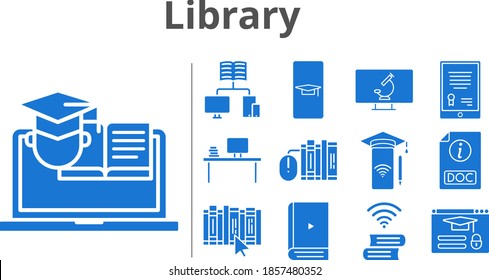 conjunto de bibliotecas. incluyeron el smartphone de estudiante, tablet, ebook, desktop, books, smartphone, school, book, doc, training, login, iconos de microscopio. estilos rellenos.