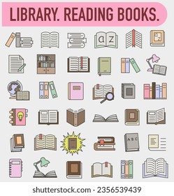 Library. A set of literature in the library. Colored textbook icons with dark outline. Vector illustration. EPS 10.
