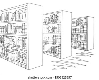 Library shelf graphic black white interior sketch illustration vector