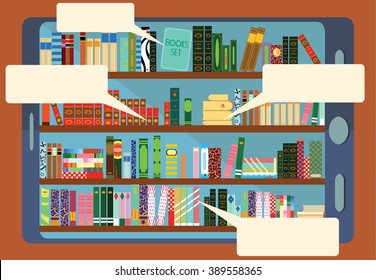 Library Shelf in Tablet pc Computer. Knowledge and Books with Bubbles. Vector flat illustrations.