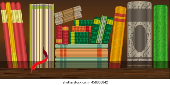 Library shelf with various boks. Vector graphic arts.