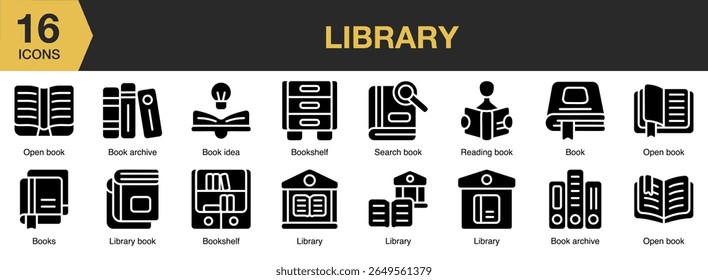 Library solid icon set. Includes library, books, reading, education, knowledge, and More. Solid icons vector collection.