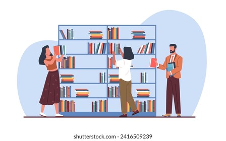 Library staff put books on shelves. Men and women near bookshelf. Shop workers. Knowledge and education. Reading people. Happy bookworms. Cartoon flat style isolated vector concept