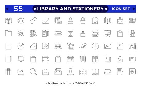 Library and stationery icon set. Contain linear outline icons like College, Knowledge, University, Book, Study, Certificate, Student, Library, Lesson, Stationery.
