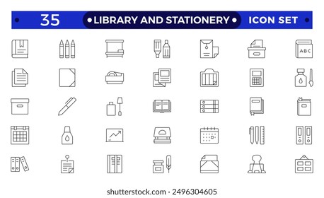 Library and stationery icon set. Contain linear outline icons like College, Knowledge, University, Book, Study, Certificate, Student, Library, Lesson, Stationery.
