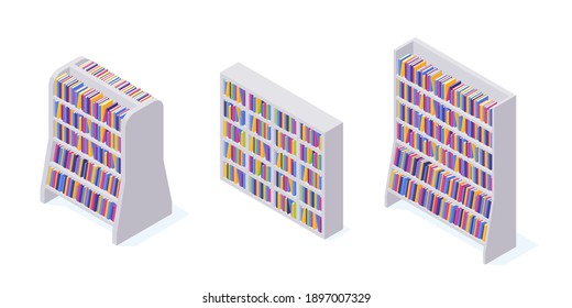 Library or store bookshelf full of various hard cover paper books in isometric vector illustration set. Case with literature for education and reading concept.