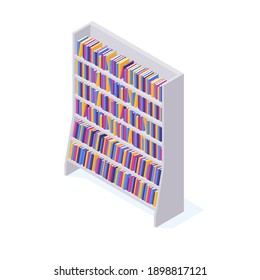 Library or store bookshelf full of various hard cover paper books in isometric vector illustration. Case with literature for education and reading concept.