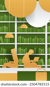 Library students studying with laptops modern papercut style illustration. Two figures with laptops in a library setting surrounded by bookshelves and hanging lamps