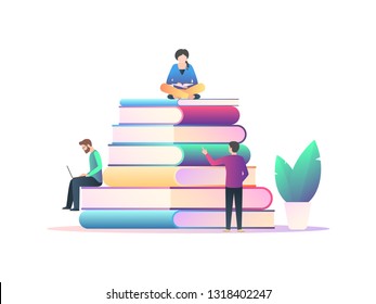 Library, students with textbooks and a laptop are trained. A pile of books and people reading. Vector illustration in trendy style with gradients isolated on white background