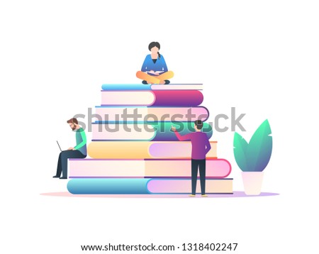 Library, students with textbooks and a laptop are trained. A pile of books and people reading. Vector illustration in trendy style with gradients isolated on white background
