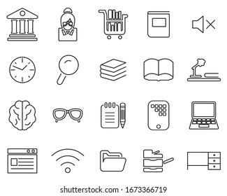 Library Or Study Icons Black & White Thin Line Set Big