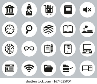 Library Or Study Icons Black & White Flat Design Circle Set Big