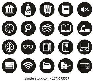 Library Or Study Icons White On Black Flat Design Circle Set Big