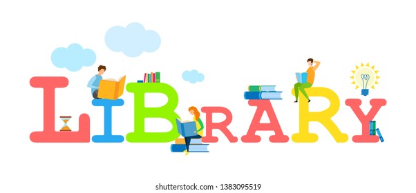 Library Stylized Multicolor Cartoon Typography. E-library Website, E-books Archive Web Banner Template. Modern Children Literature Festival. Schoolkids, Teenagers Reading Books Illustration