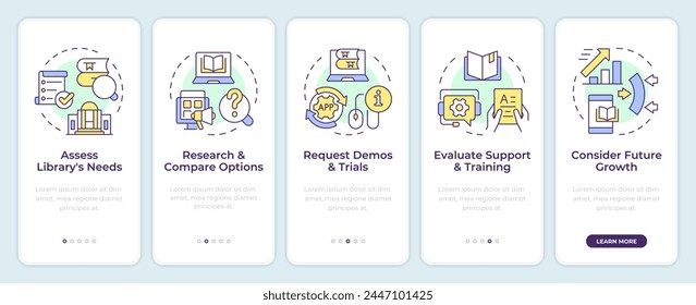 Library systems onboarding mobile app screen. Digital advancement. Walkthrough 5 steps editable graphic instructions with linear concepts. UI, UX, GUI template. Montserrat Semibold, Regular fonts used