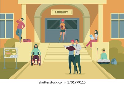 Library Taking into Account All Student Interest. Girl with Artificial Limb, Coming Out Entrance with Walking Stick and Book. Lady Moving Down Wheelchair Ramp. Blind Man with Extended Cane, Reading.
