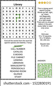 Library Themed Zigzag Word Search Puzzle (suitable Both For Kids And Adults). Answer Included.